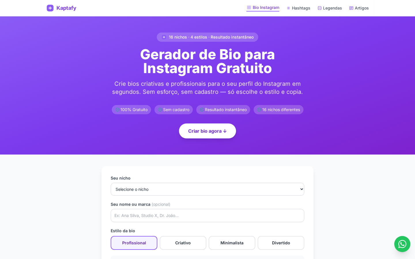 Print do site Kaptafy (Gerador de Bio)