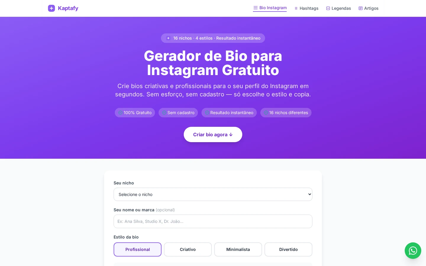 Print do site Kaptafy (Gerador de Bio)